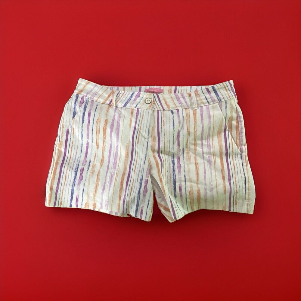 Isaac Mizrahi bold multicolored shorts purple white orange pink zip button SZ 12